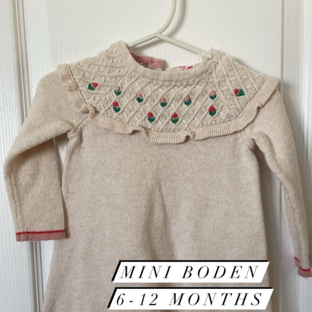 Mini Boden Cream Knit Dress with Red and Green Floral Accents